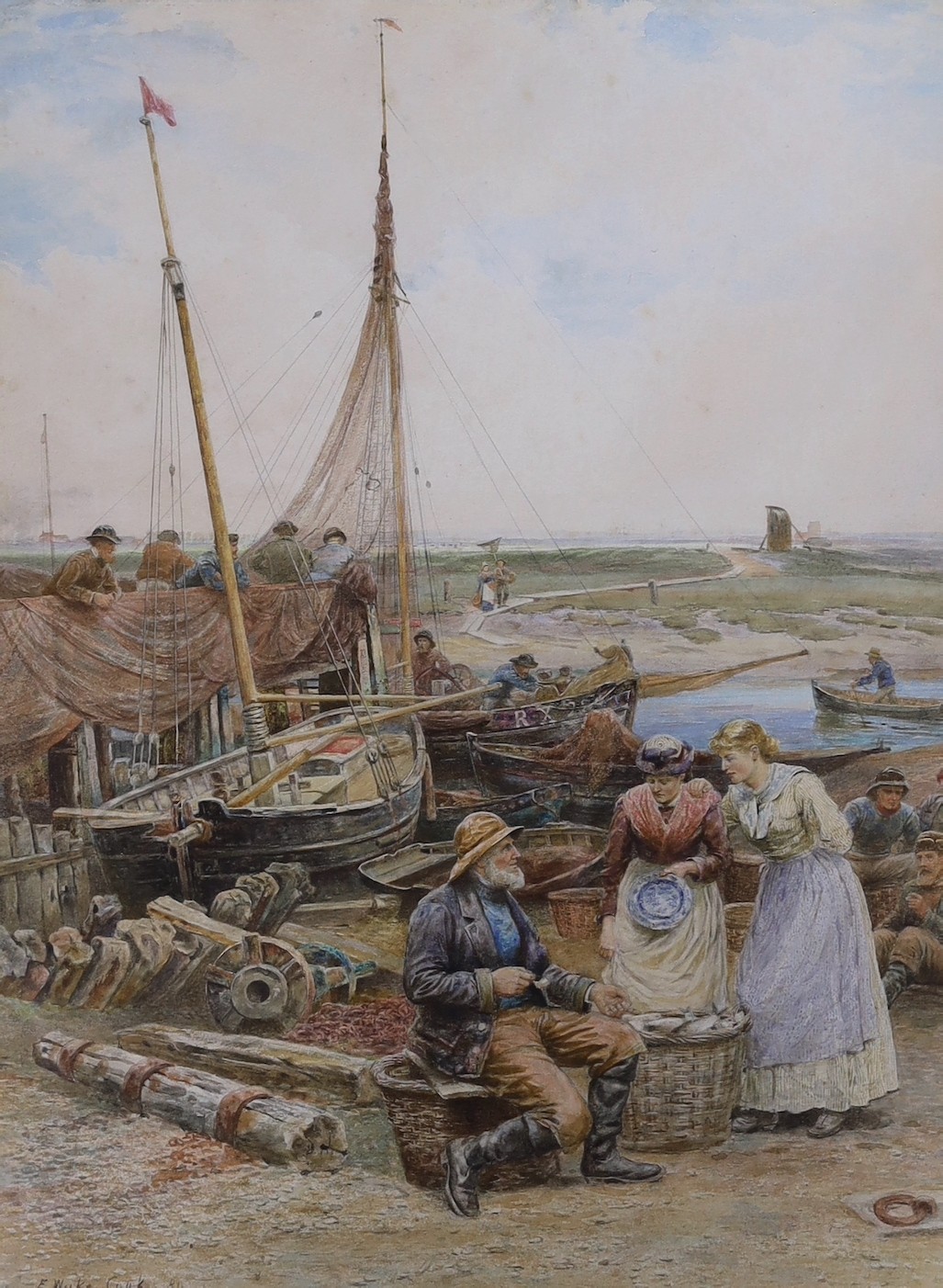 Ebenezer Wake Cooke (1843-1926), watercolour, Selling the day's catch', signed and dated 1884, Agnews label verso, 41 x 31cm